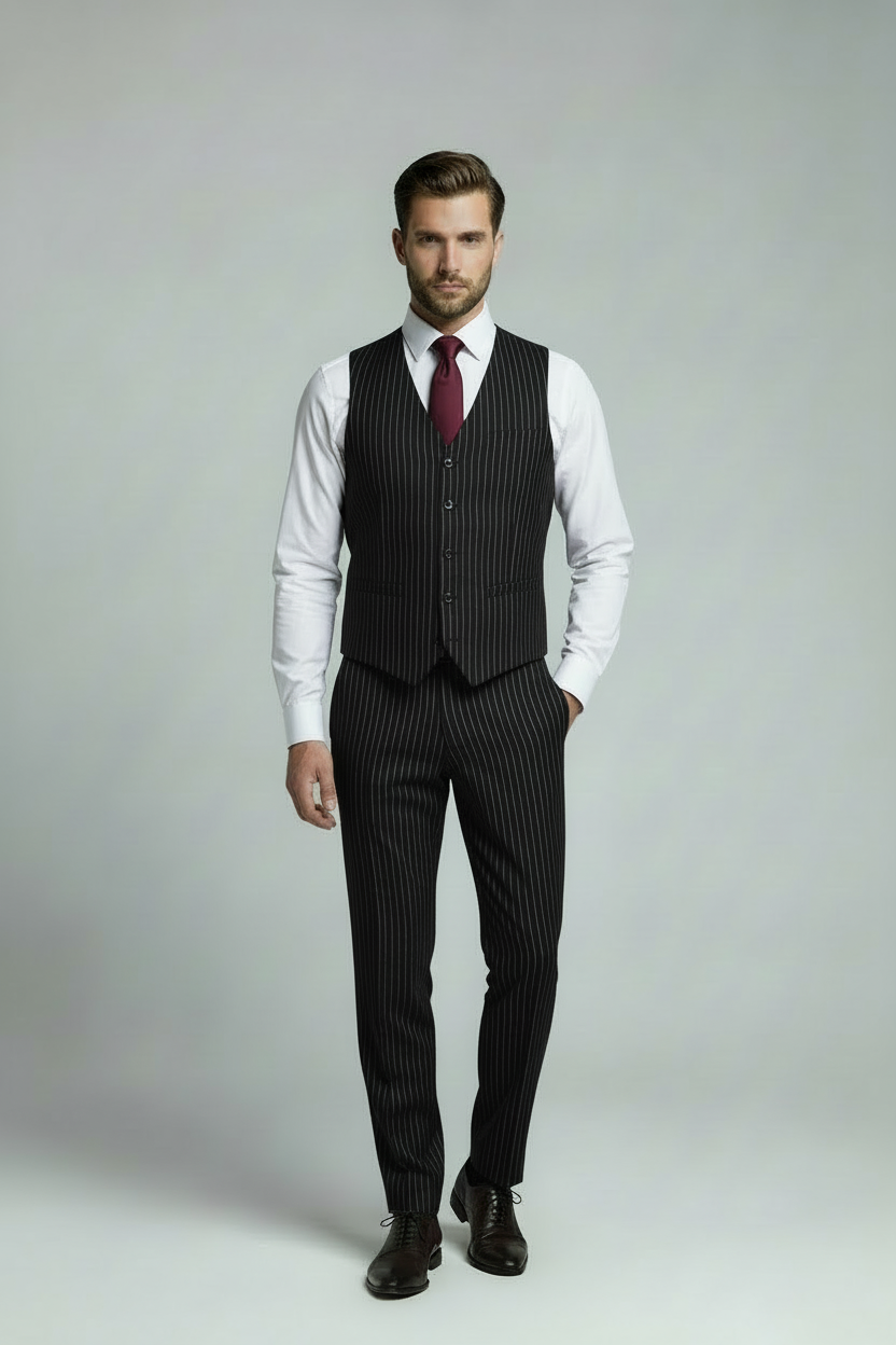 AVBA Black Pinstripe Waistcoat Look without Pocket Square