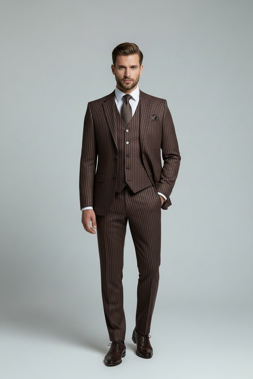AVBA Dark Brown Pinstripe Suit Lifestyle Photo