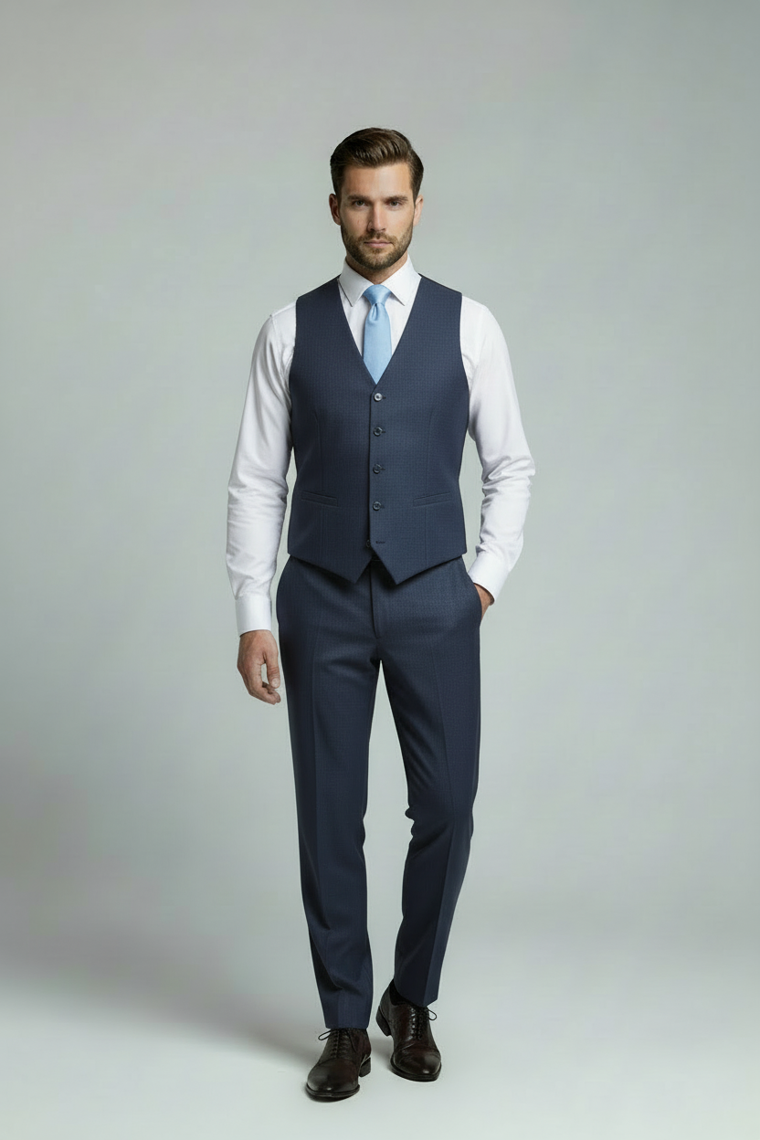 AVBA Navy Blue Waistcoat Look with Light Blue Texture