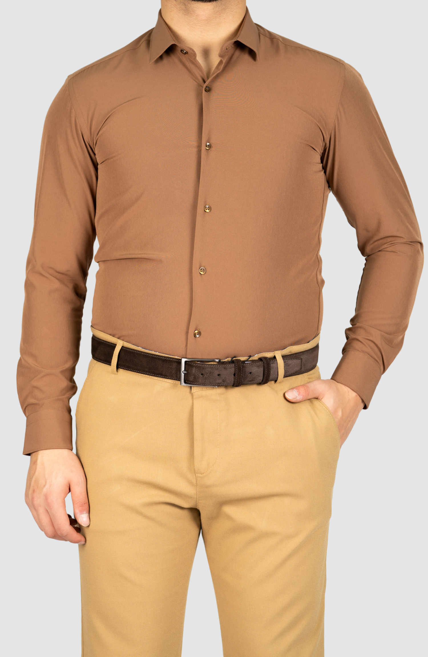 AVBA Regular-Fit Shirt Brown - Wrinkle-Free with Stretch for Optimal Comfort