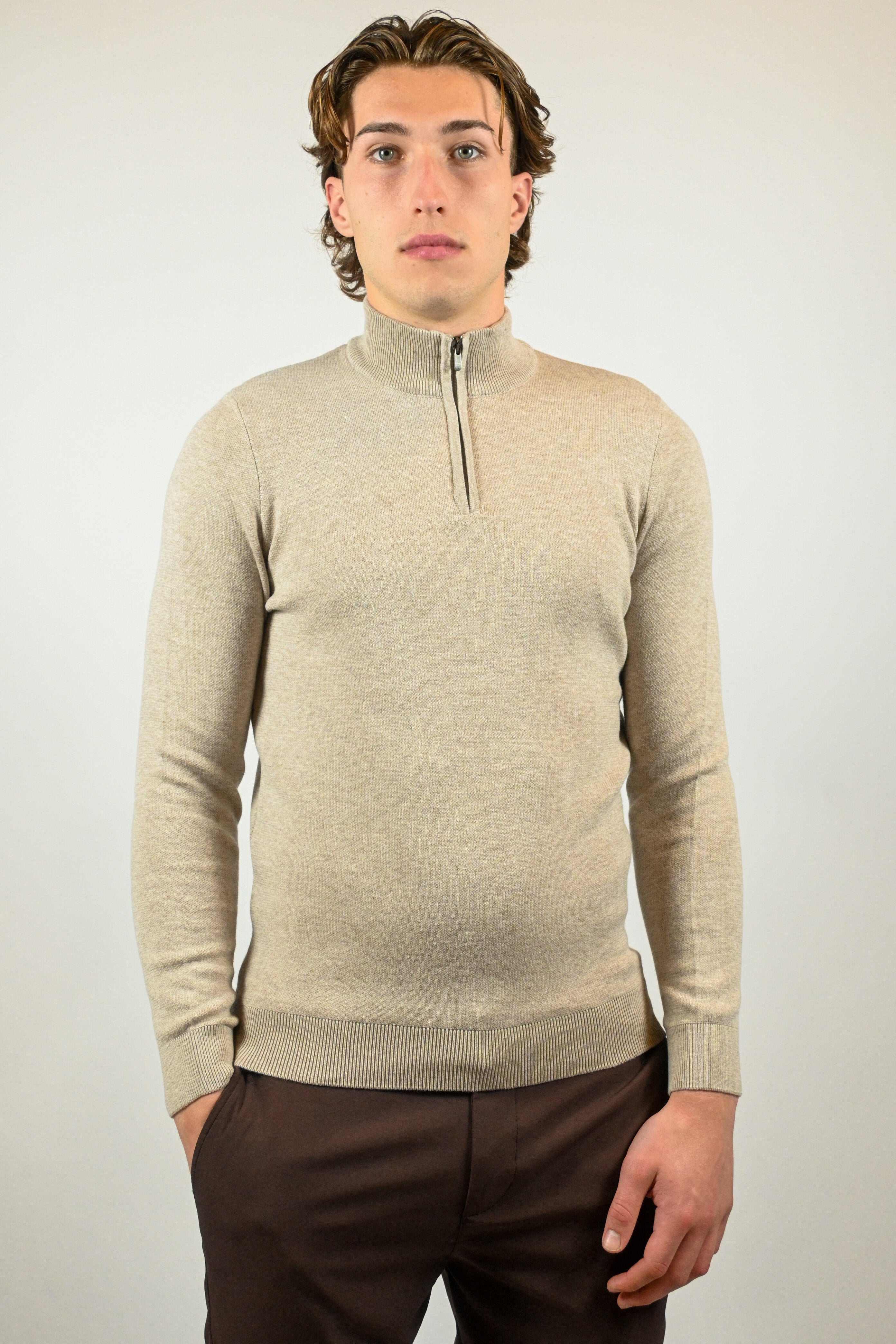 Heren Trui met Half-zip Kraag | Taupe