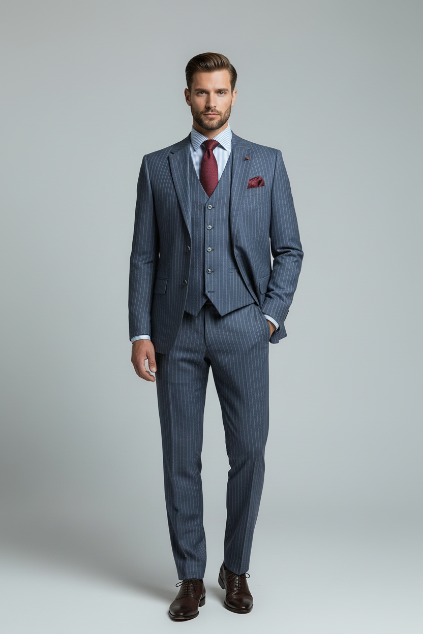 Modelfoto blauw krijtstreep kostuum