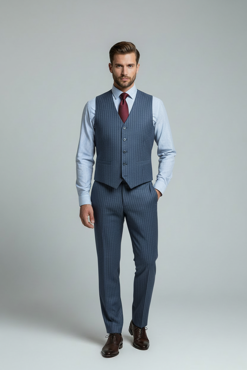 Modelfoto blauw krijtstreep vest en broek