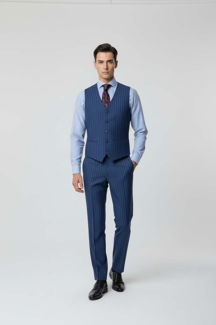 Modelfoto blauw krijtstreep vest en broek