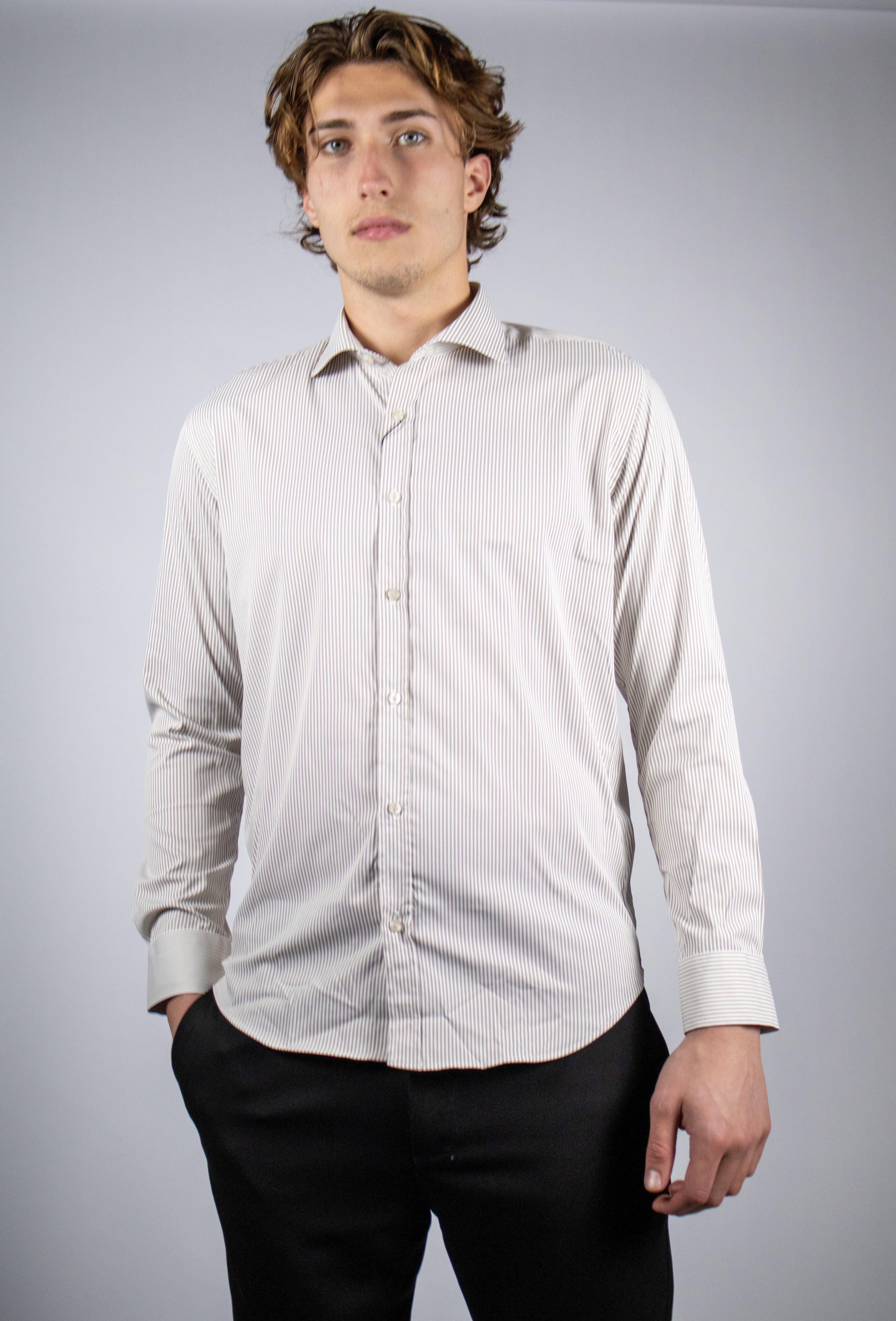 Kreukvrij Stretch Gestreept Overhemd Slim-Fit | Beige