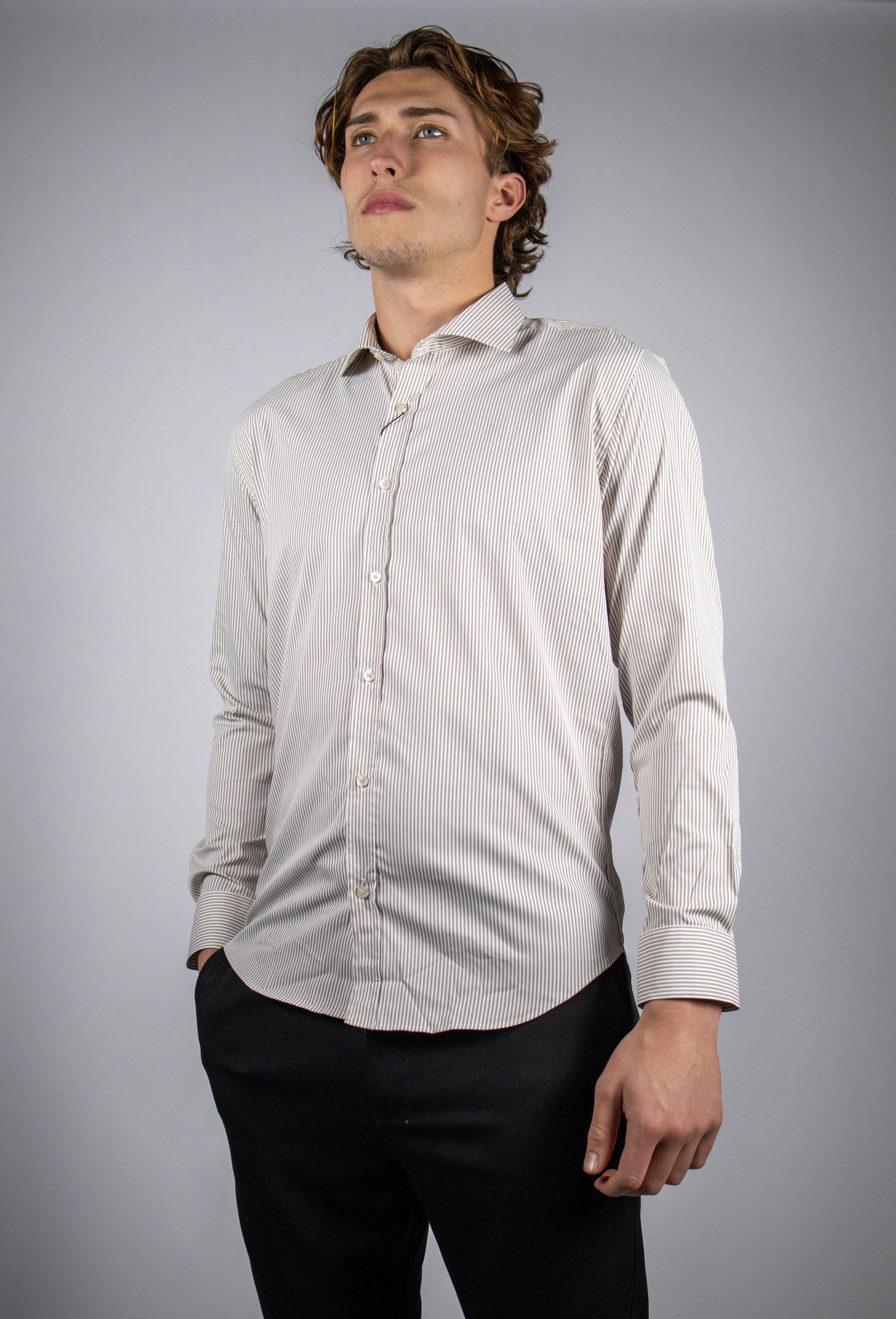 Kreukvrij Stretch Gestreept Overhemd Regular-Fit | Beige