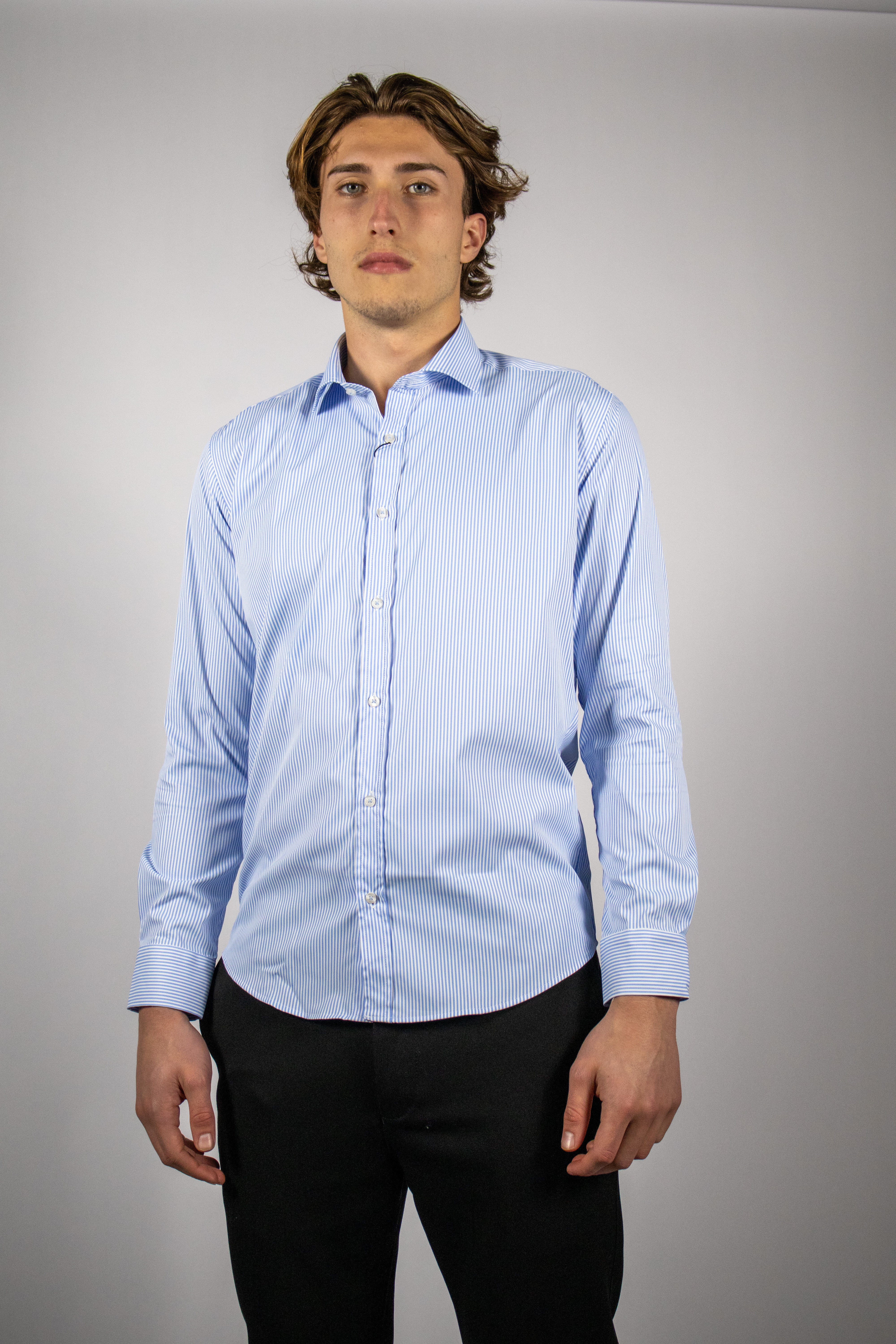 Kreukvrij Stretch Gestreept Overhemd Slim-Fit | Lichtblauw