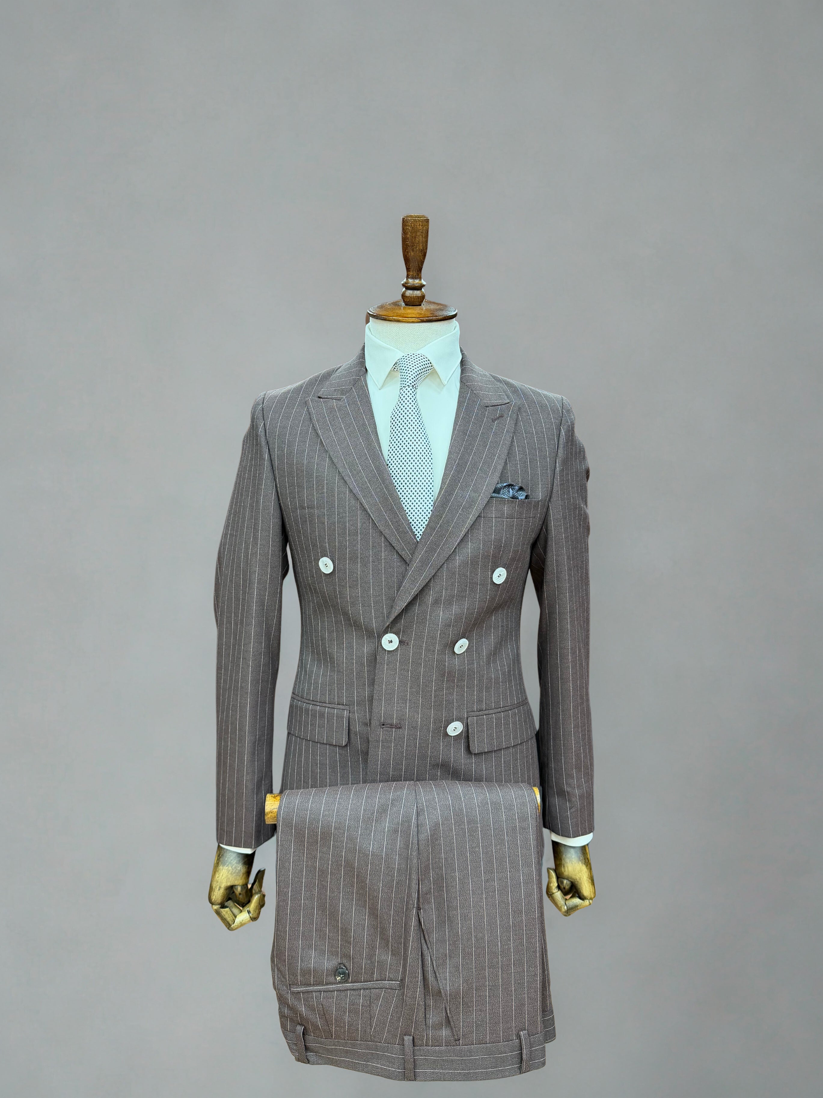 Bruin Gestreept Double Breasted Tailord Fit pak