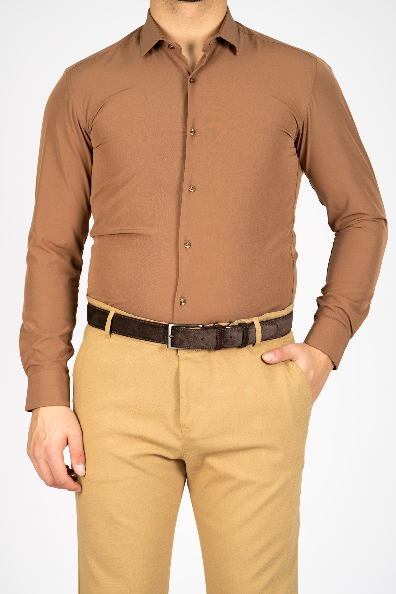 AVBA Length-Size Shirt Brown - Wrinkle-Free with Stretch for Optimal Comfort