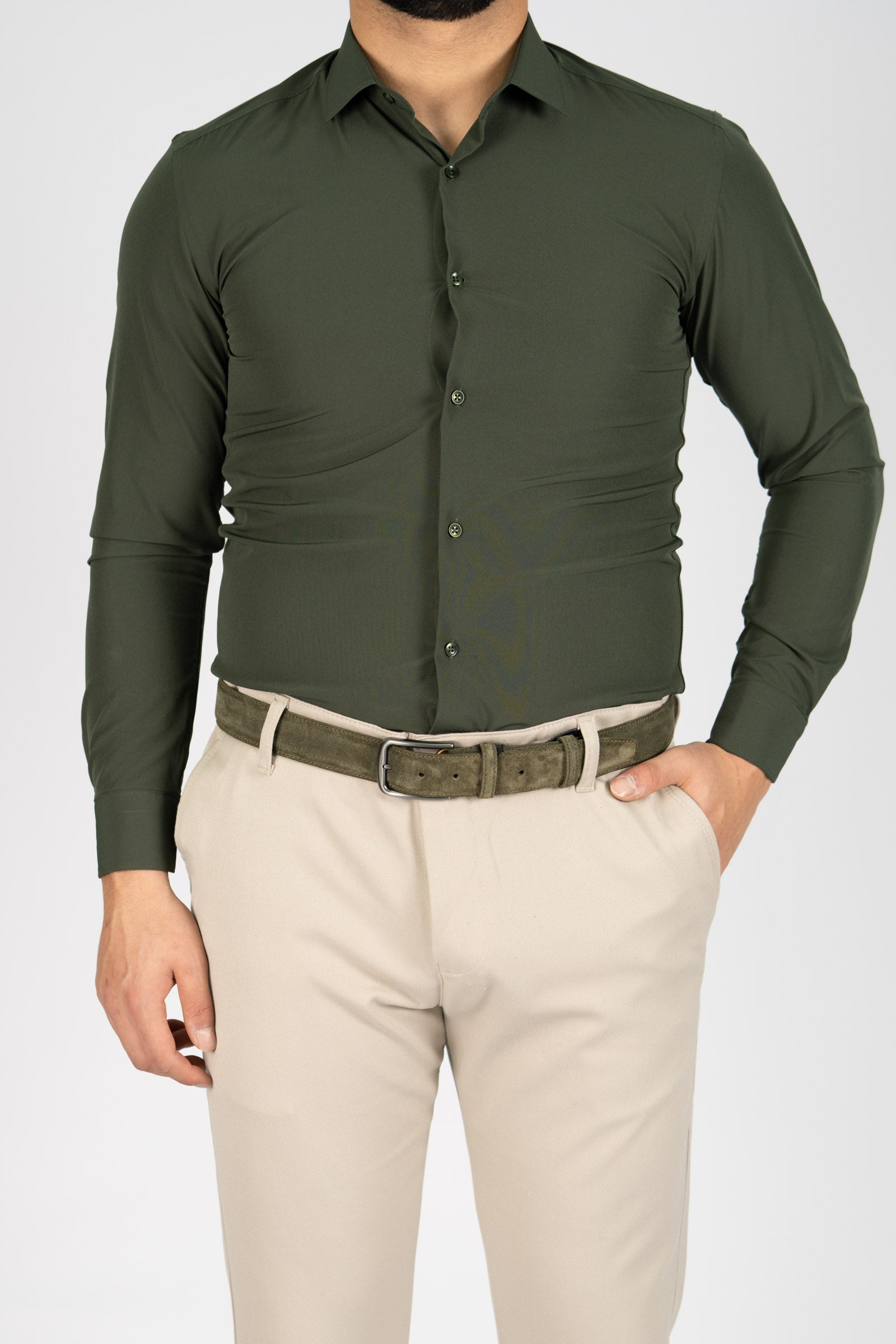 AVBA Length-Size Shirt Dark Green - Wrinkle-Free with Stretch for Optimal Comfort