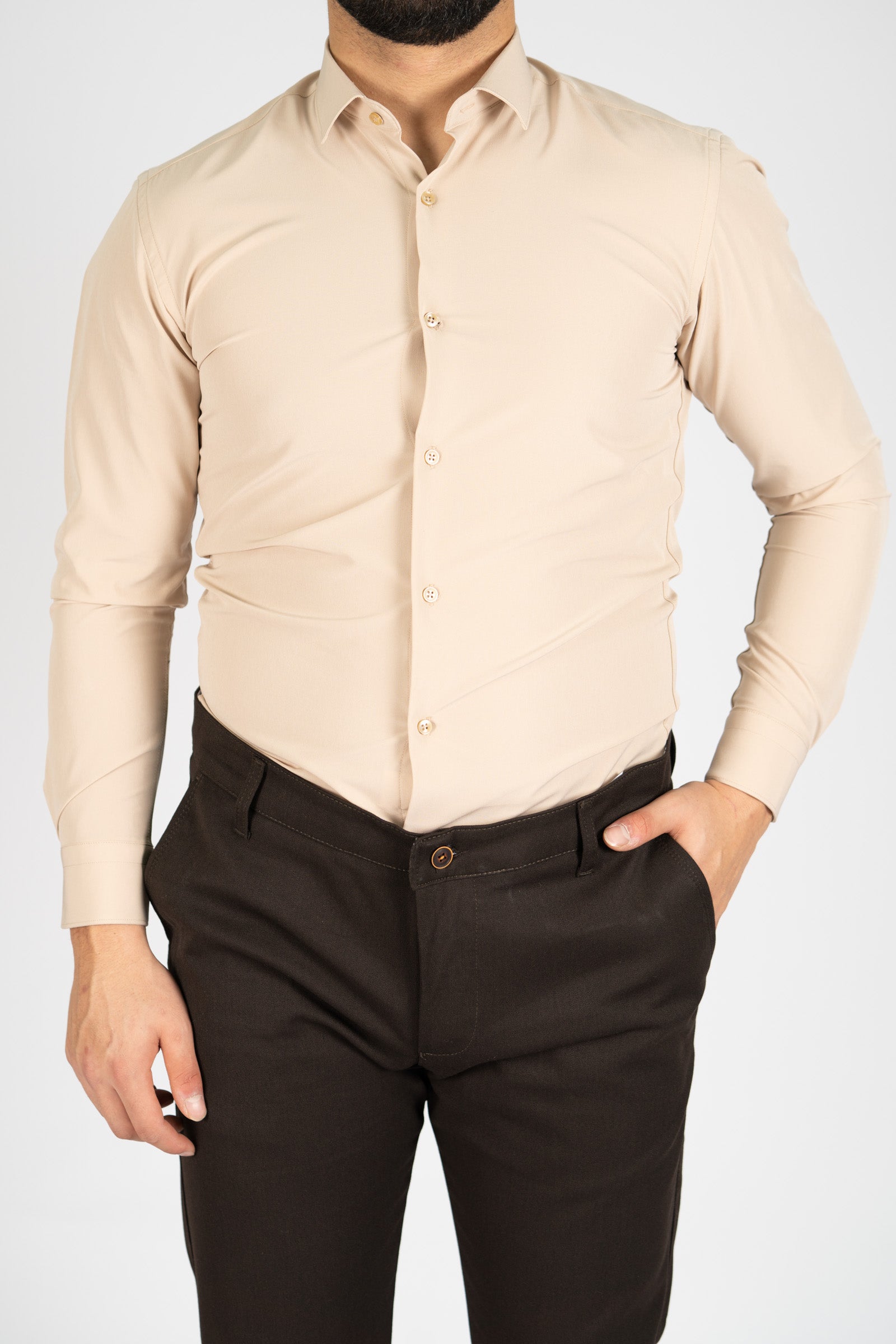 AVBA Slim-Fit Overhemd Beige - Kreukvrij met Stretch voor Optimaal Comfort