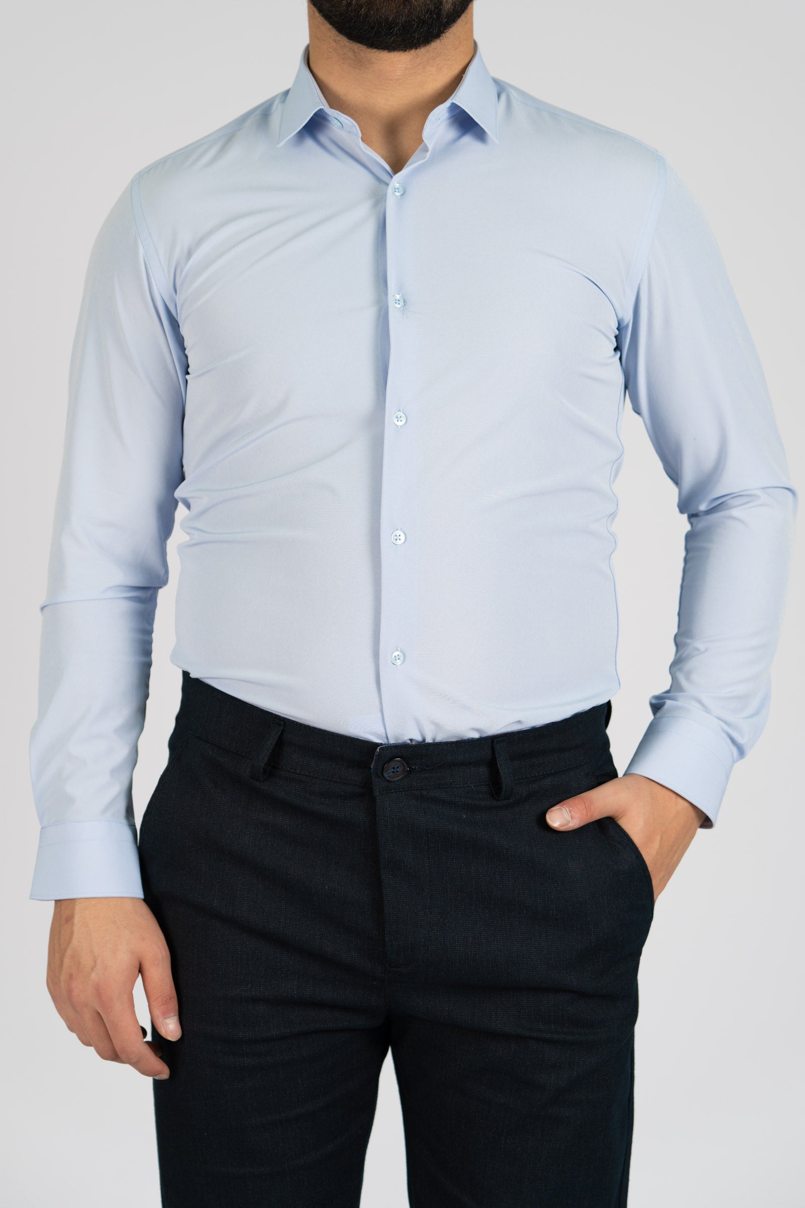 AVBA Length-Size Shirt Blue - Wrinkle-Free with Stretch for Optimal Comfort