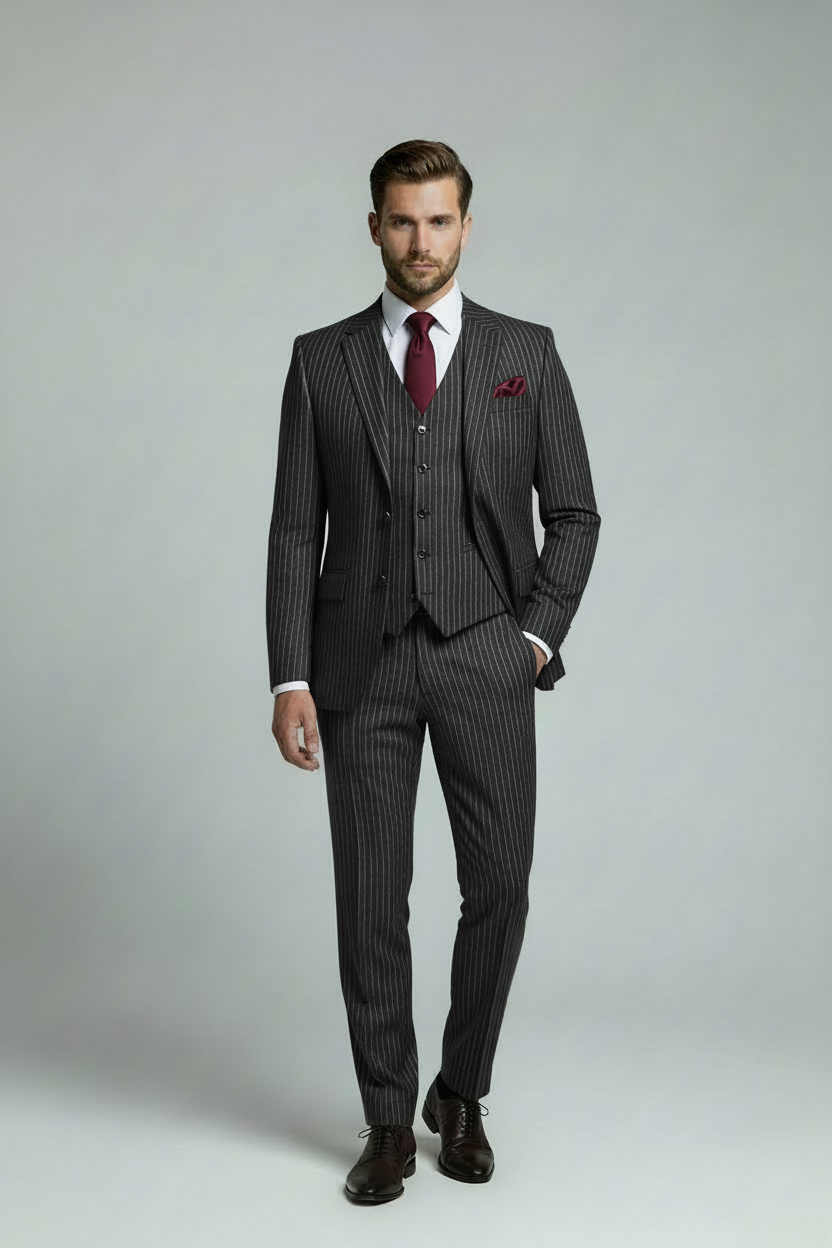 AVBA Black Pinstripe Suit with Burgundy Accessories