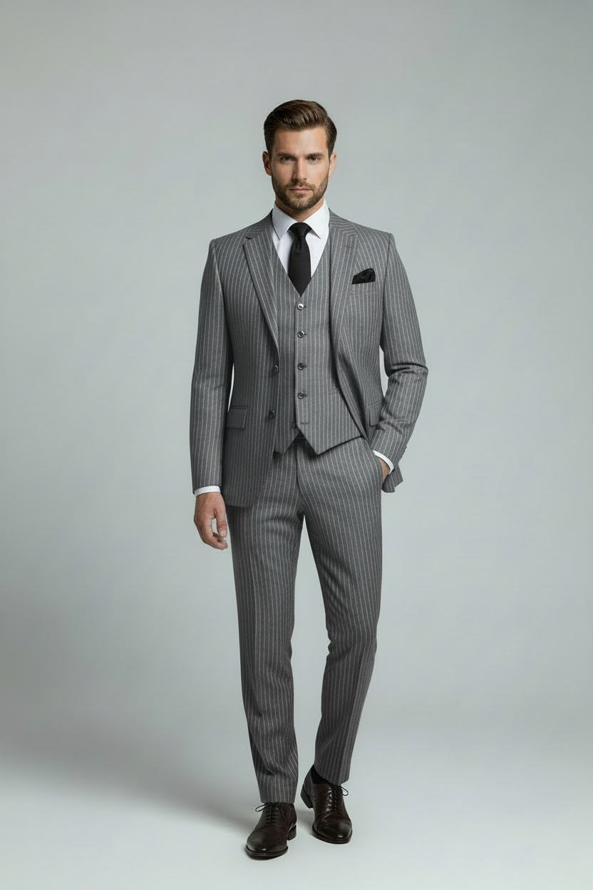 AVBA Grey Pinstripe Suit with Black Accessories