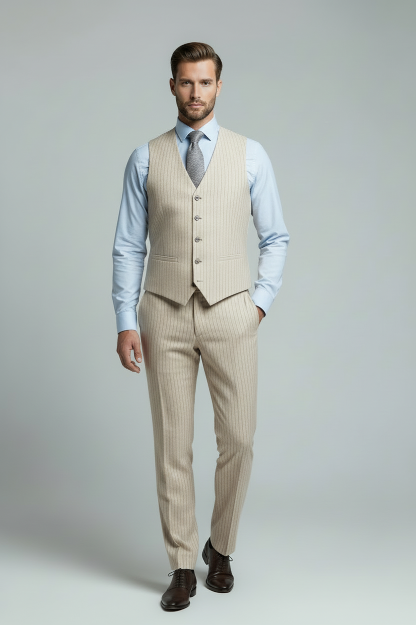 Modelfoto beige krijtstreep vest en broek