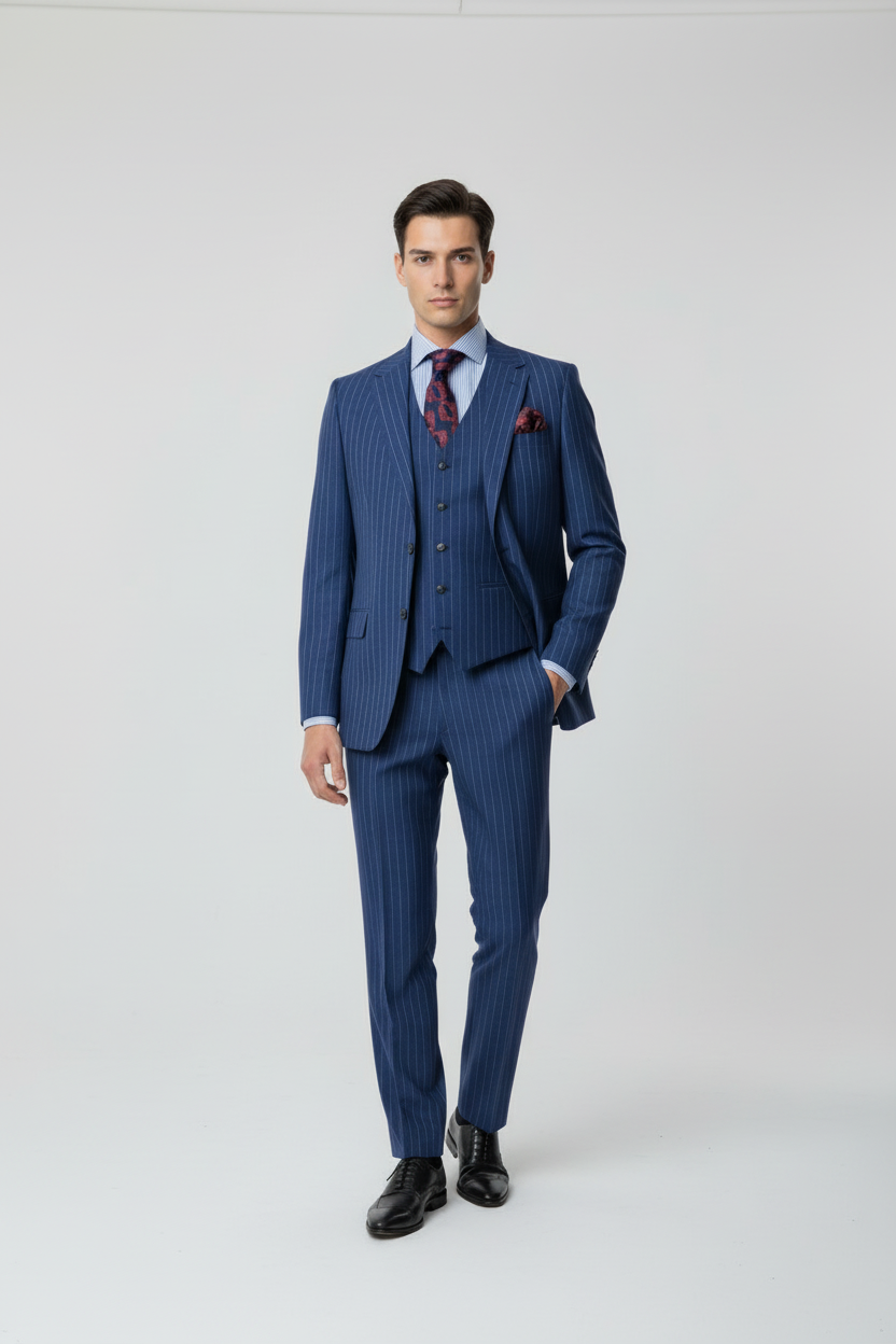 Modelfoto blauw krijtstreep pak - lichtgrijze achtergrond