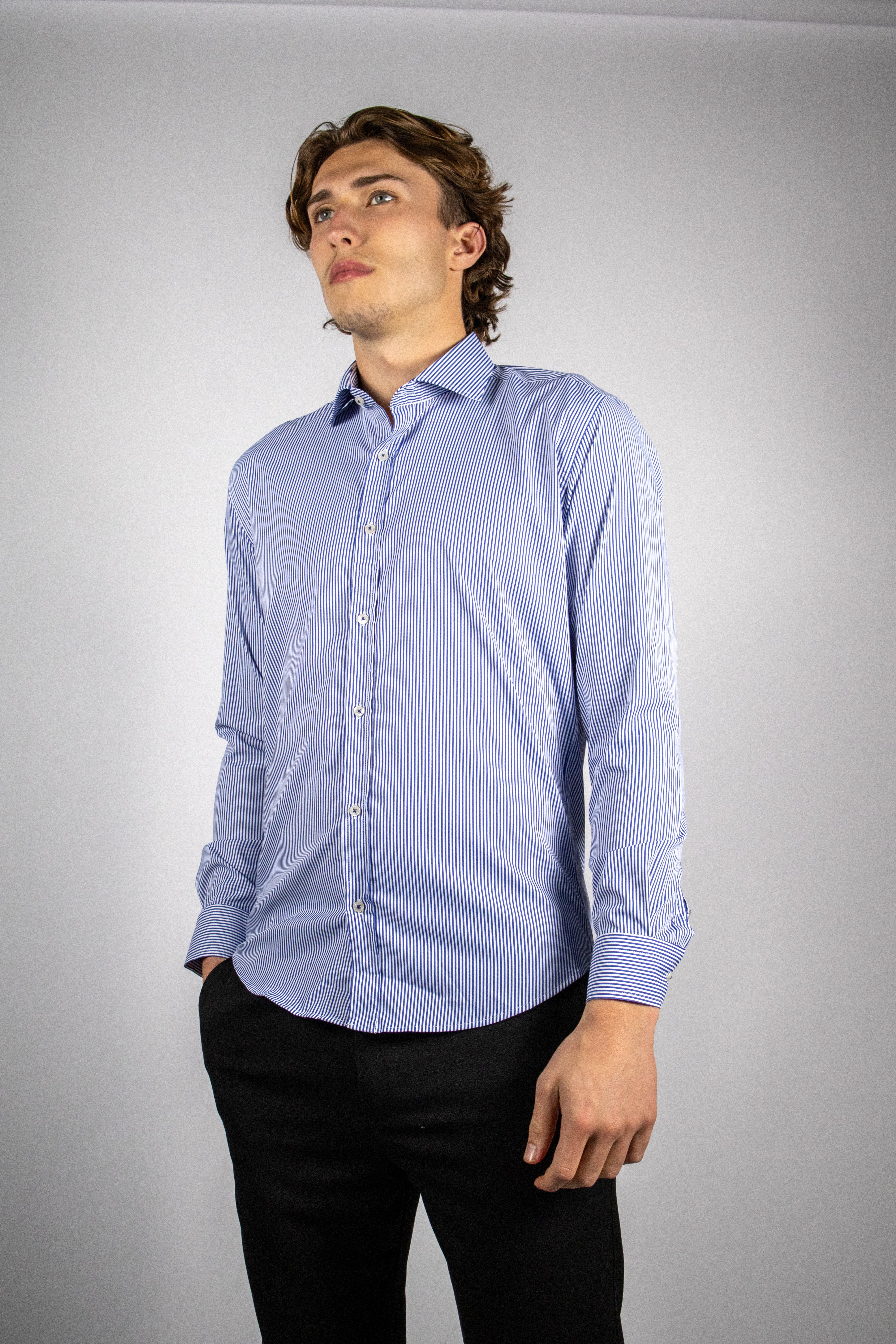 Kreukvrij Stretch Gestreept Overhemd Slim-Fit | Blauw