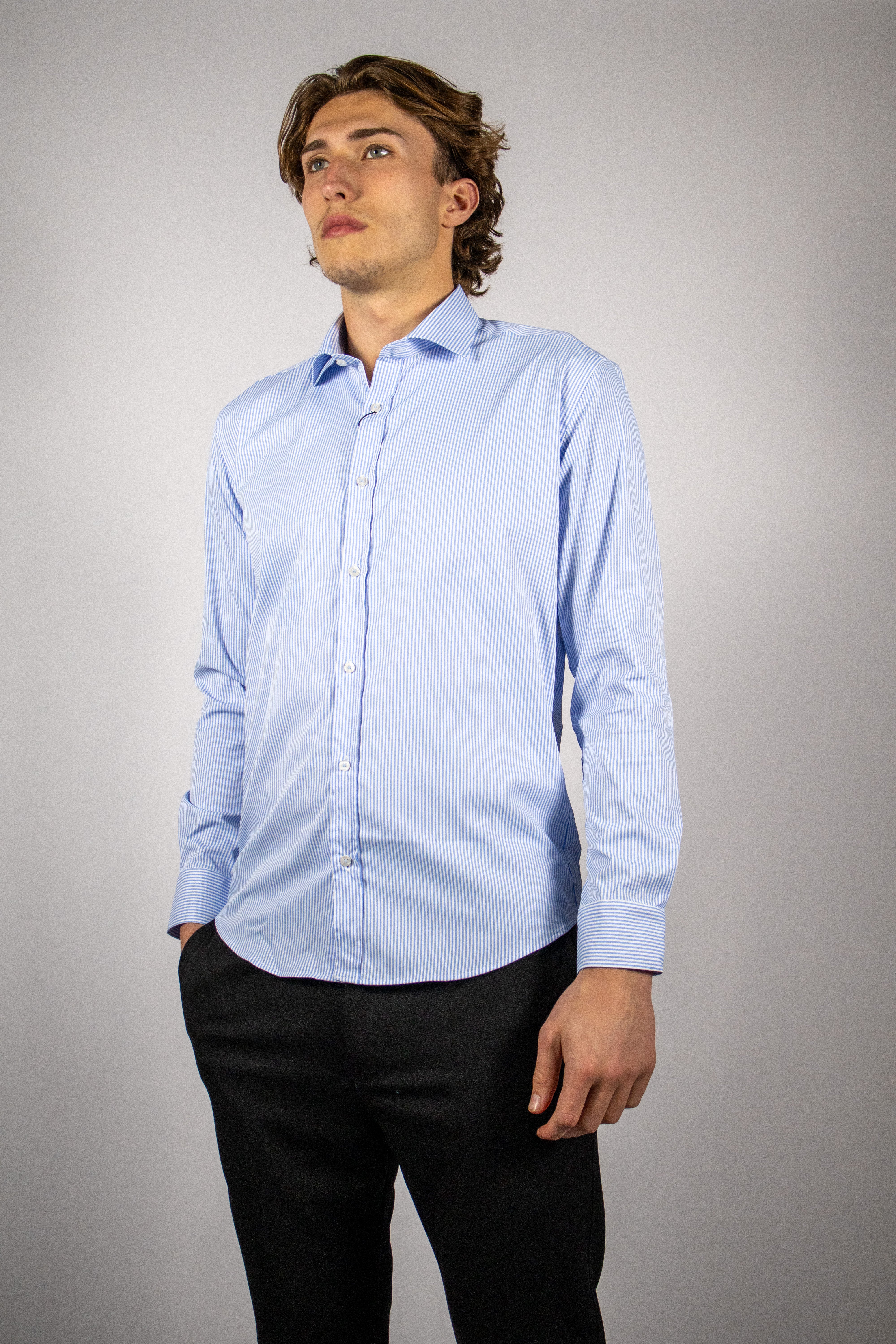 Kreukvrij Stretch Gestreept Overhemd Slim-Fit | Lichtblauw